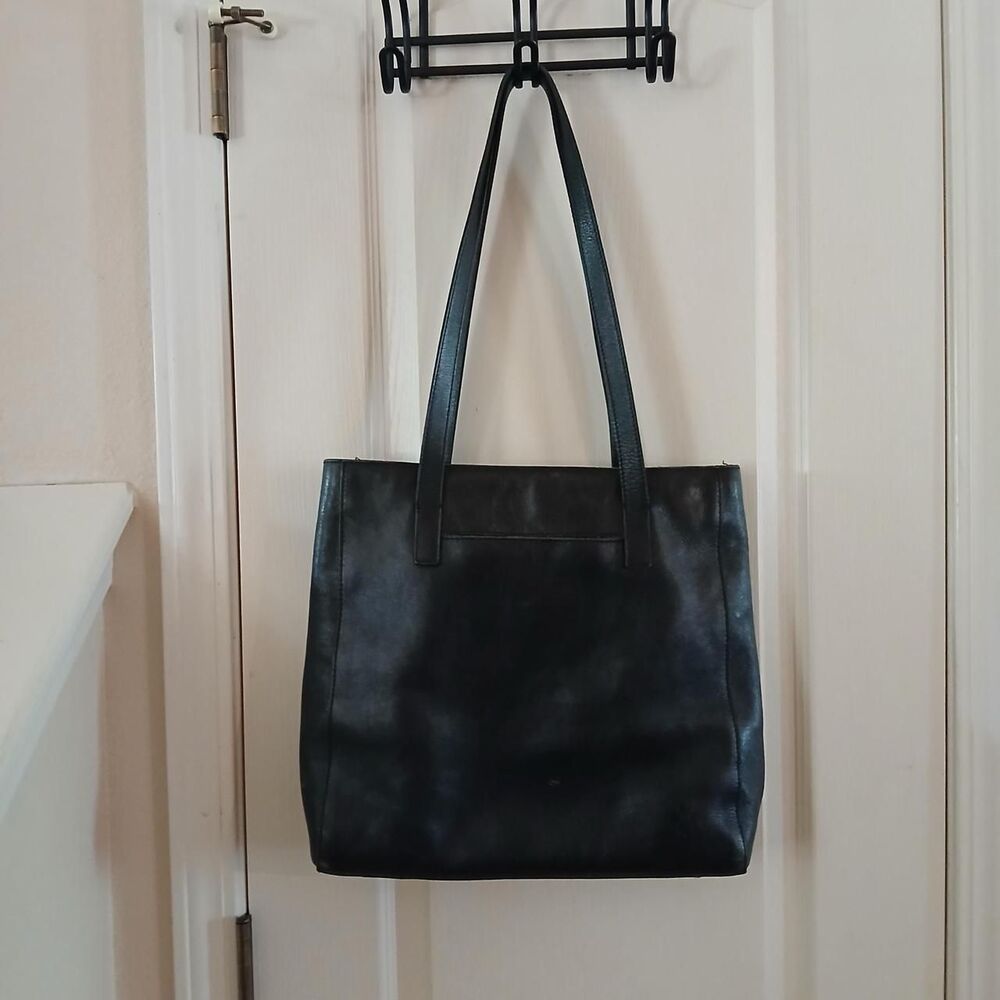 Patricia Nash Black Full-Grain Leather Minimalist Tote Bag Classic Old Money